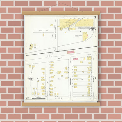 Old map wall art mockup — magnetic wood frame on brick wall — Sanborn Fire Insurance Map from Conneaut, Ashtabula County, Ohio (1909), Sheet #0003