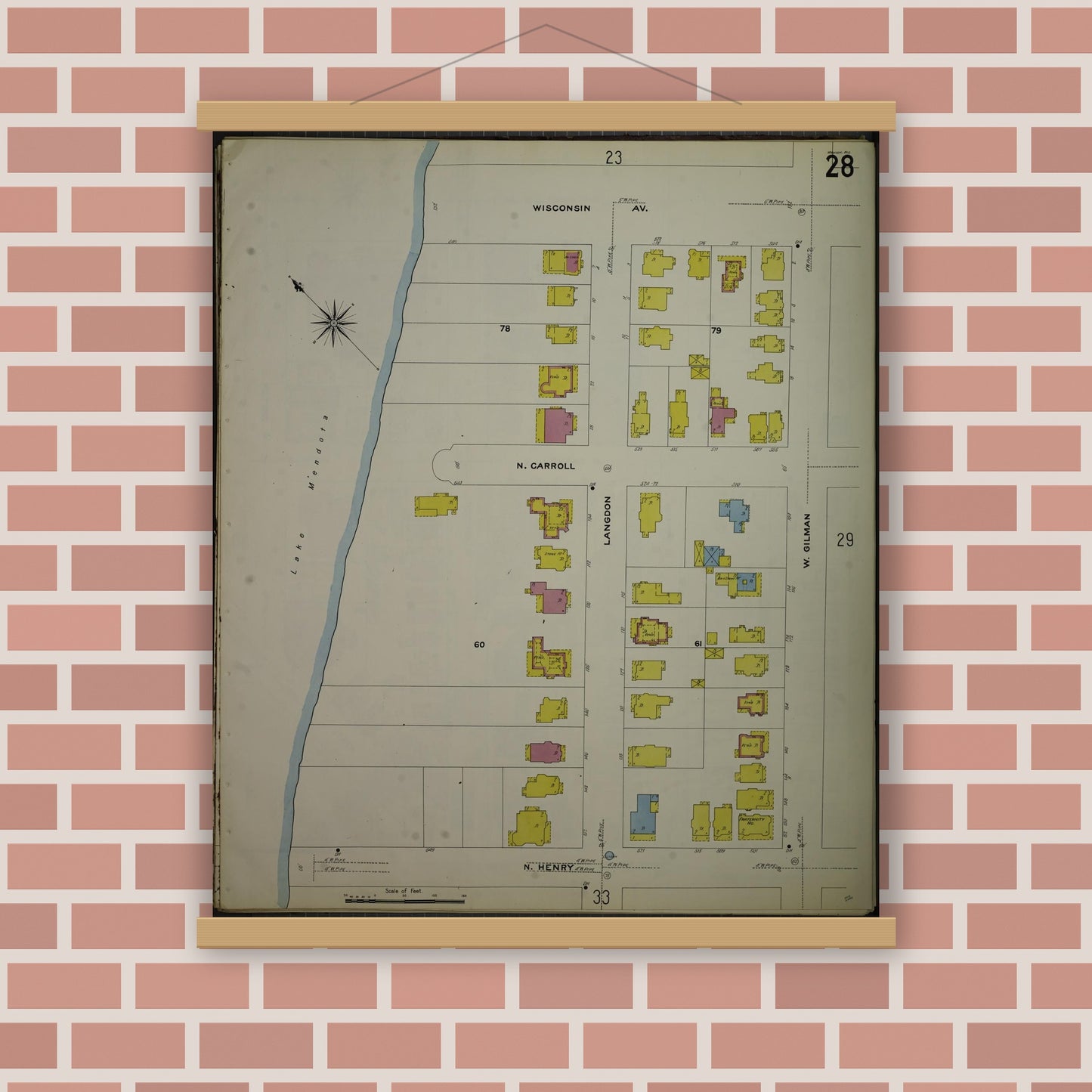 Old map wall art mockup — magnetic wood frame on brick wall — Sanborn Fire Insurance Map from Madison, Dane County, Wisconsin (1908), Sheet #0028