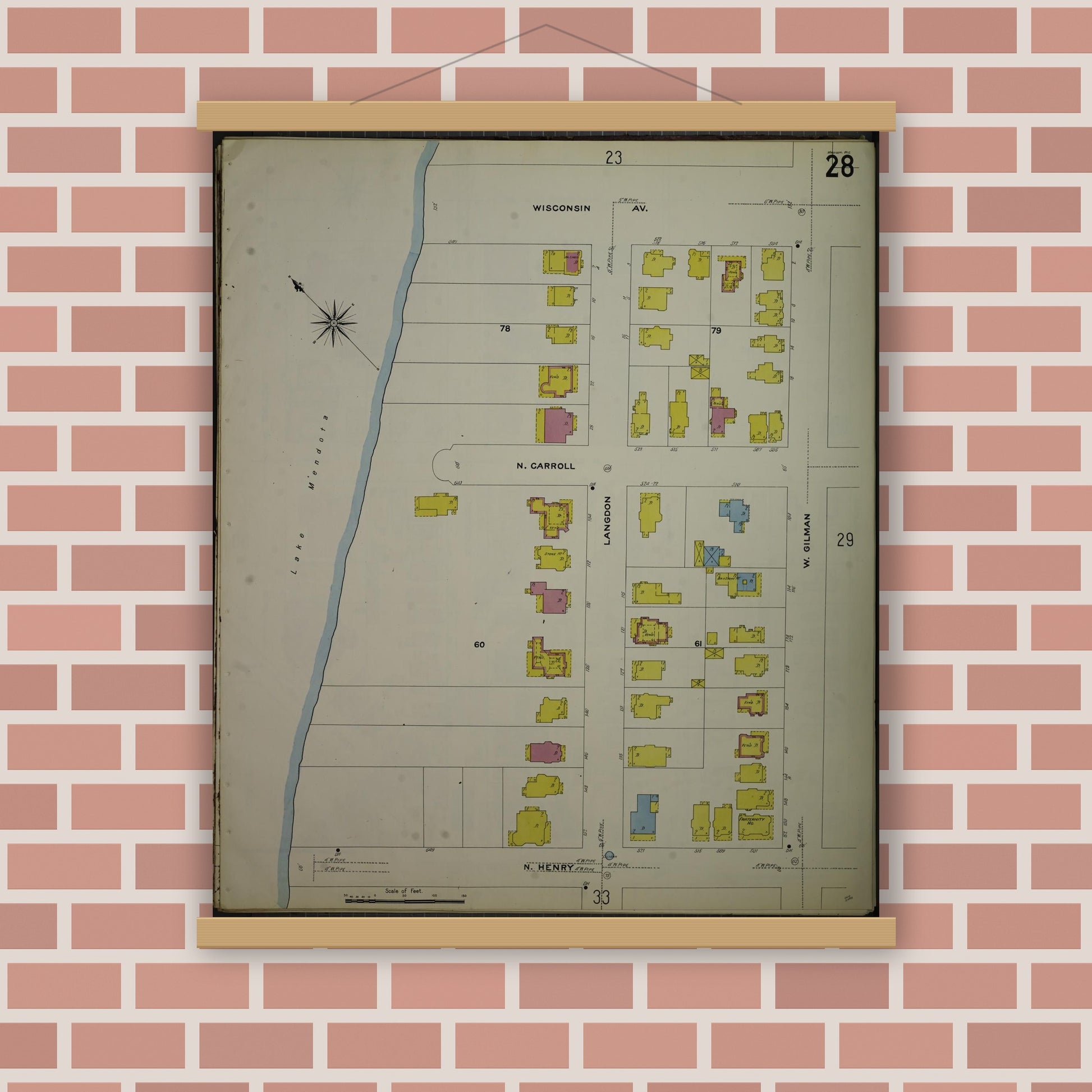 Old map wall art mockup — magnetic wood frame on brick wall — Sanborn Fire Insurance Map from Madison, Dane County, Wisconsin (1908), Sheet #0028