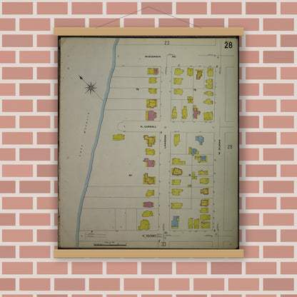 Old map wall art mockup — magnetic wood frame on brick wall — Sanborn Fire Insurance Map from Madison, Dane County, Wisconsin (1908), Sheet #0028