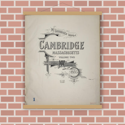 Old map wall art mockup — magnetic wood frame on brick wall — Sanborn Fire Insurance Map from Cambridge, Middlesex County, Massachusetts (1935), Sheet #0001
