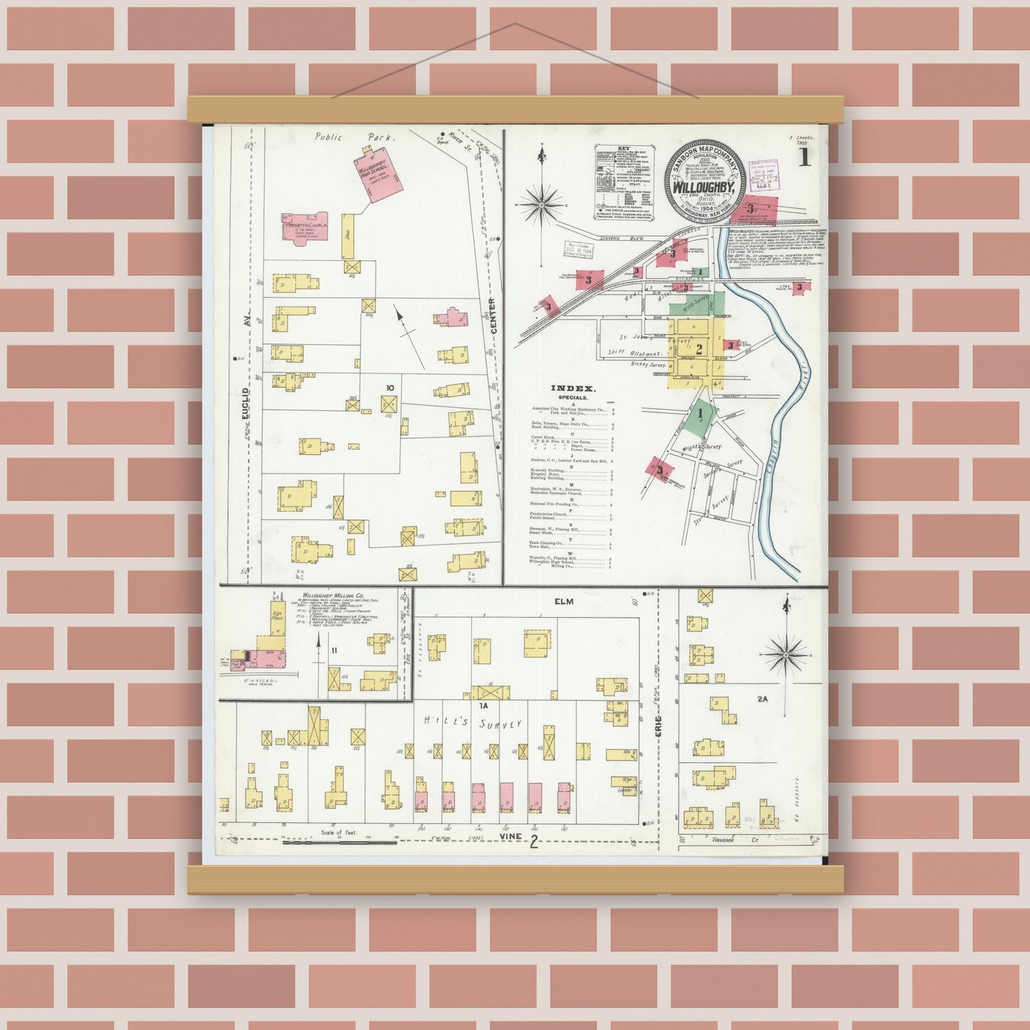 Old map wall art mockup — magnetic wood frame on brick wall — Sanborn Fire Insurance Map from Willoughby, Lake County, Ohio (1904) - Complete Map Set