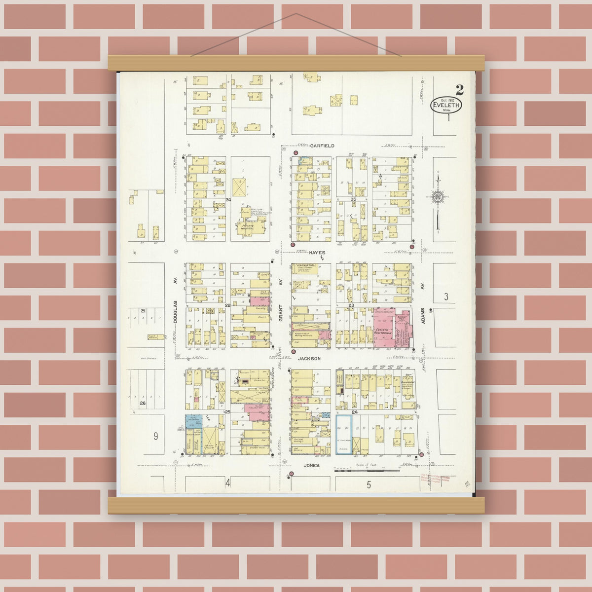 Old map wall art mockup — magnetic wood frame on brick wall — Sanborn Fire Insurance Map from Eveleth, Saint Louis County, Minnesota (1912), Sheet #0002