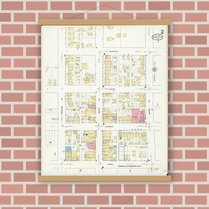 Old map wall art mockup — magnetic wood frame on brick wall — Sanborn Fire Insurance Map from Eveleth, Saint Louis County, Minnesota (1912), Sheet #0002