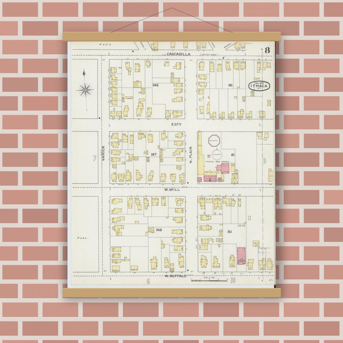 Old map wall art mockup — magnetic wood frame on brick wall — Sanborn Fire Insurance Map from Ithaca, Tompkins County, New York (1893), Sheet #0008