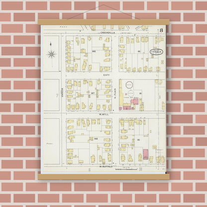 Old map wall art mockup — magnetic wood frame on brick wall — Sanborn Fire Insurance Map from Ithaca, Tompkins County, New York (1893), Sheet #0008