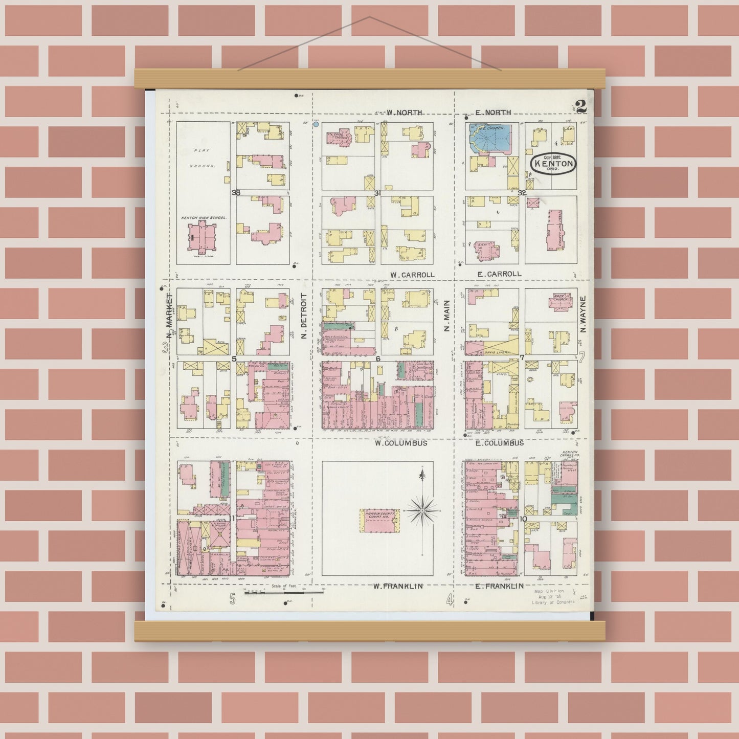 Old map wall art mockup — magnetic wood frame on brick wall — Sanborn Fire Insurance Map from Kenton, Hardin County, Ohio (1892), Sheet #0002
