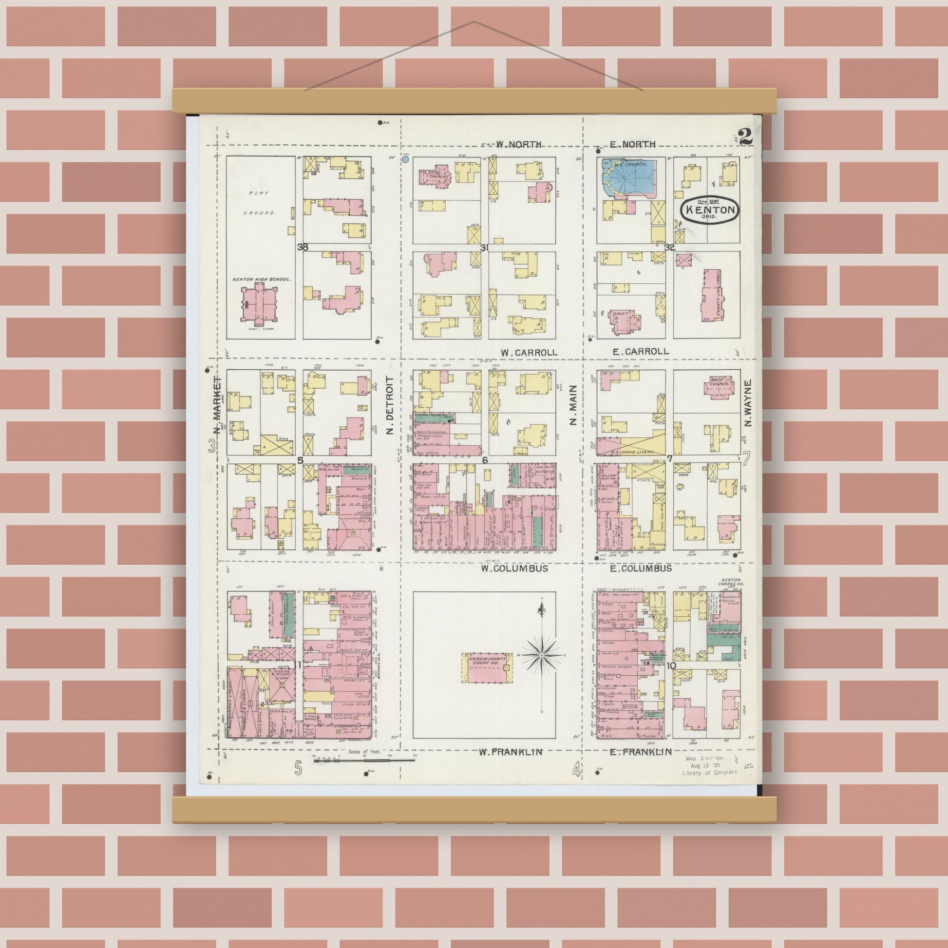 Old map wall art mockup — magnetic wood frame on brick wall — Sanborn Fire Insurance Map from Kenton, Hardin County, Ohio (1892), Sheet #0002