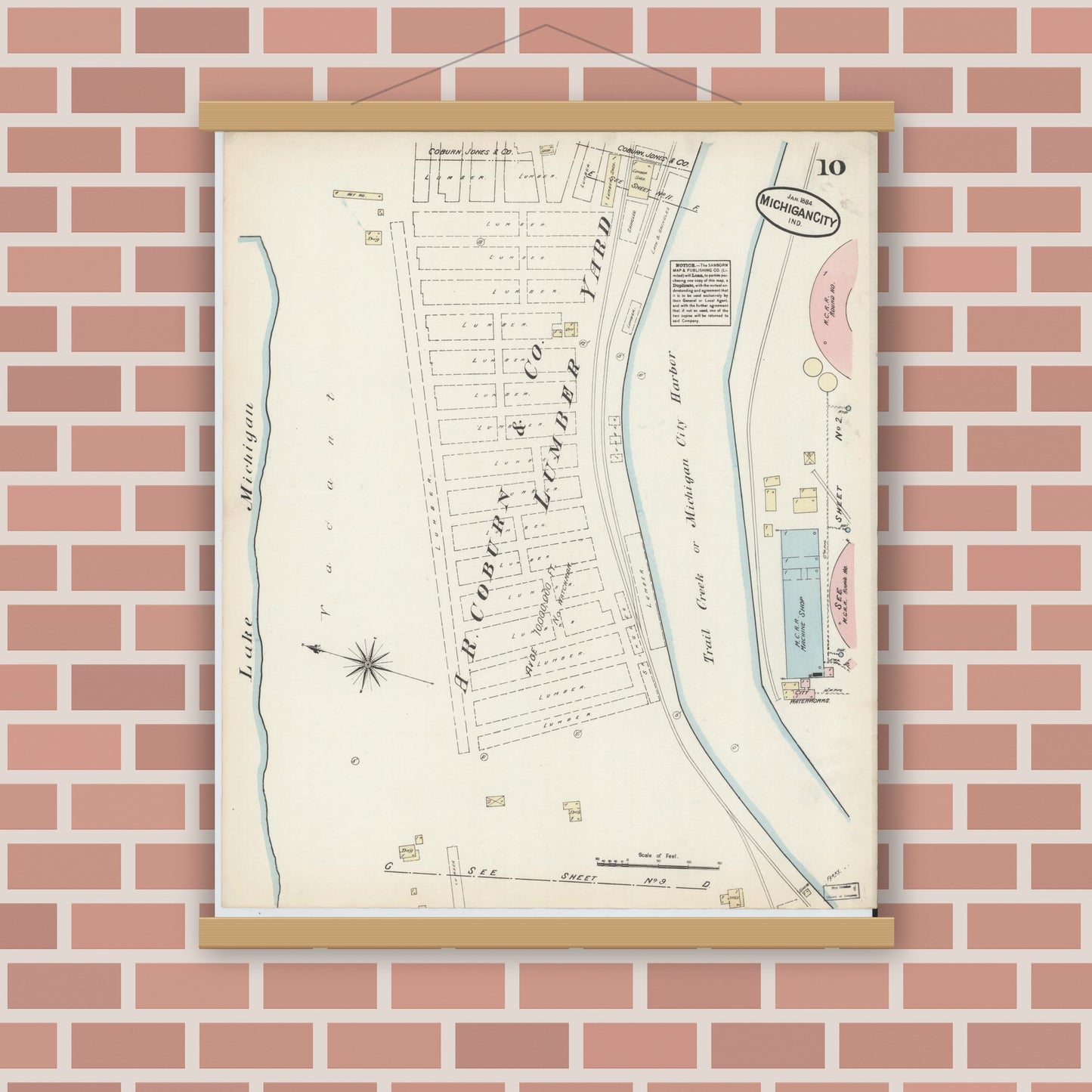 Old map wall art mockup — magnetic wood frame on brick wall — Sanborn Fire Insurance Map from Michigan City, La Porte  County, Indiana (1884), Sheet #0010