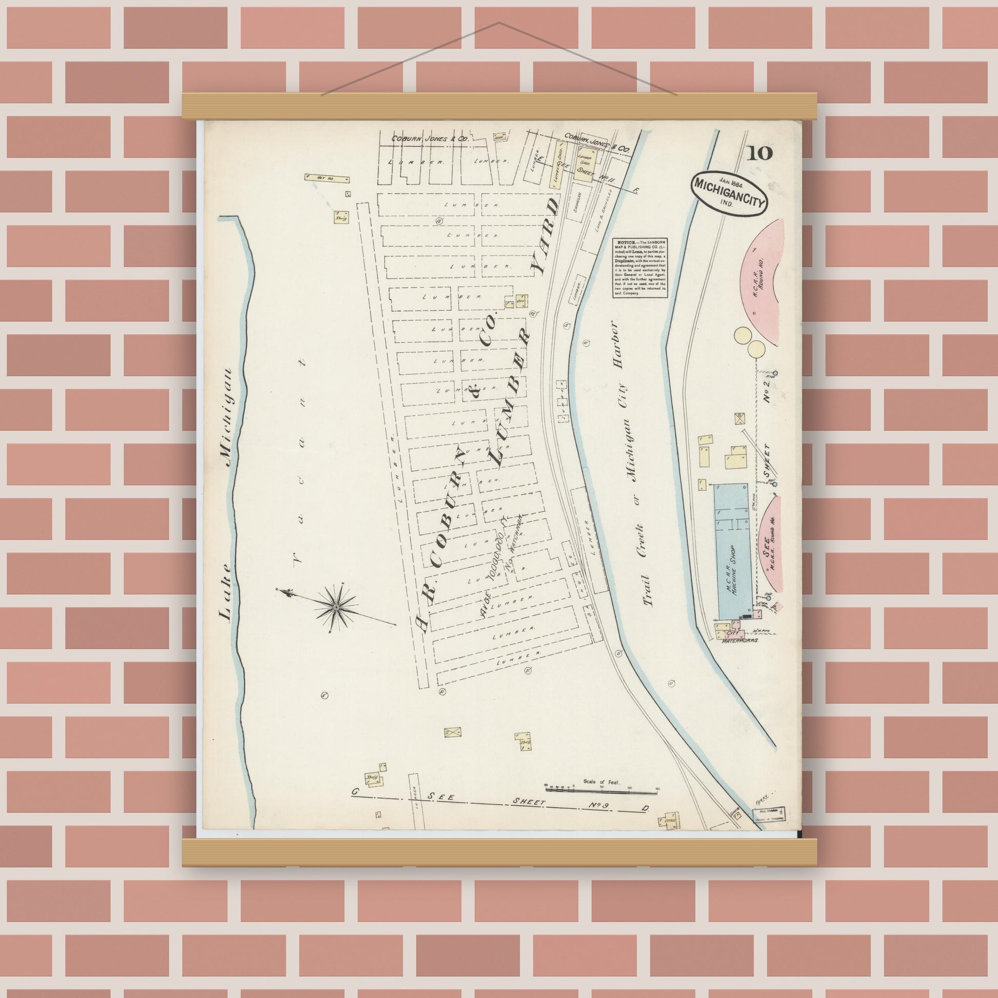 Old map wall art mockup — magnetic wood frame on brick wall — Sanborn Fire Insurance Map from Michigan City, La Porte  County, Indiana (1884), Sheet #0010
