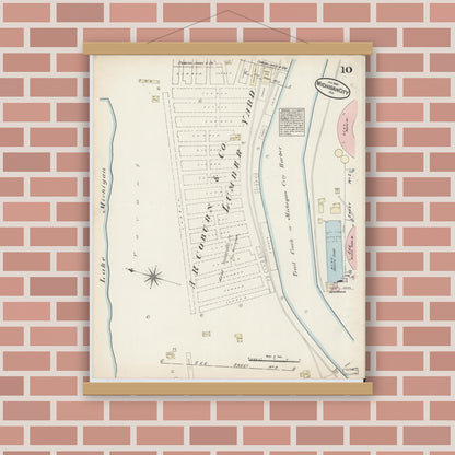 Old map wall art mockup — magnetic wood frame on brick wall — Sanborn Fire Insurance Map from Michigan City, La Porte  County, Indiana (1884), Sheet #0010