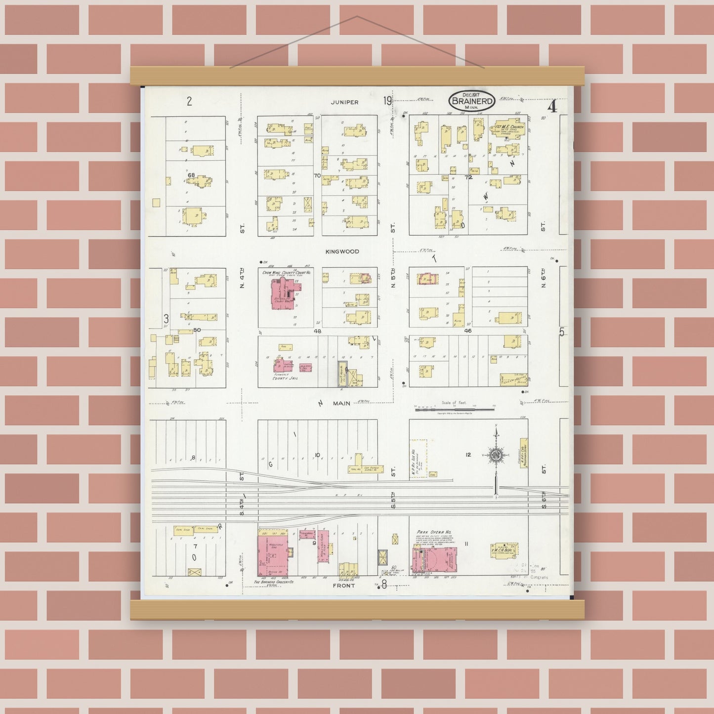 Old map wall art mockup — magnetic wood frame on brick wall — Sanborn Fire Insurance Map from Brainerd, Crow Wing County, Minnesota (1917), Sheet #0004