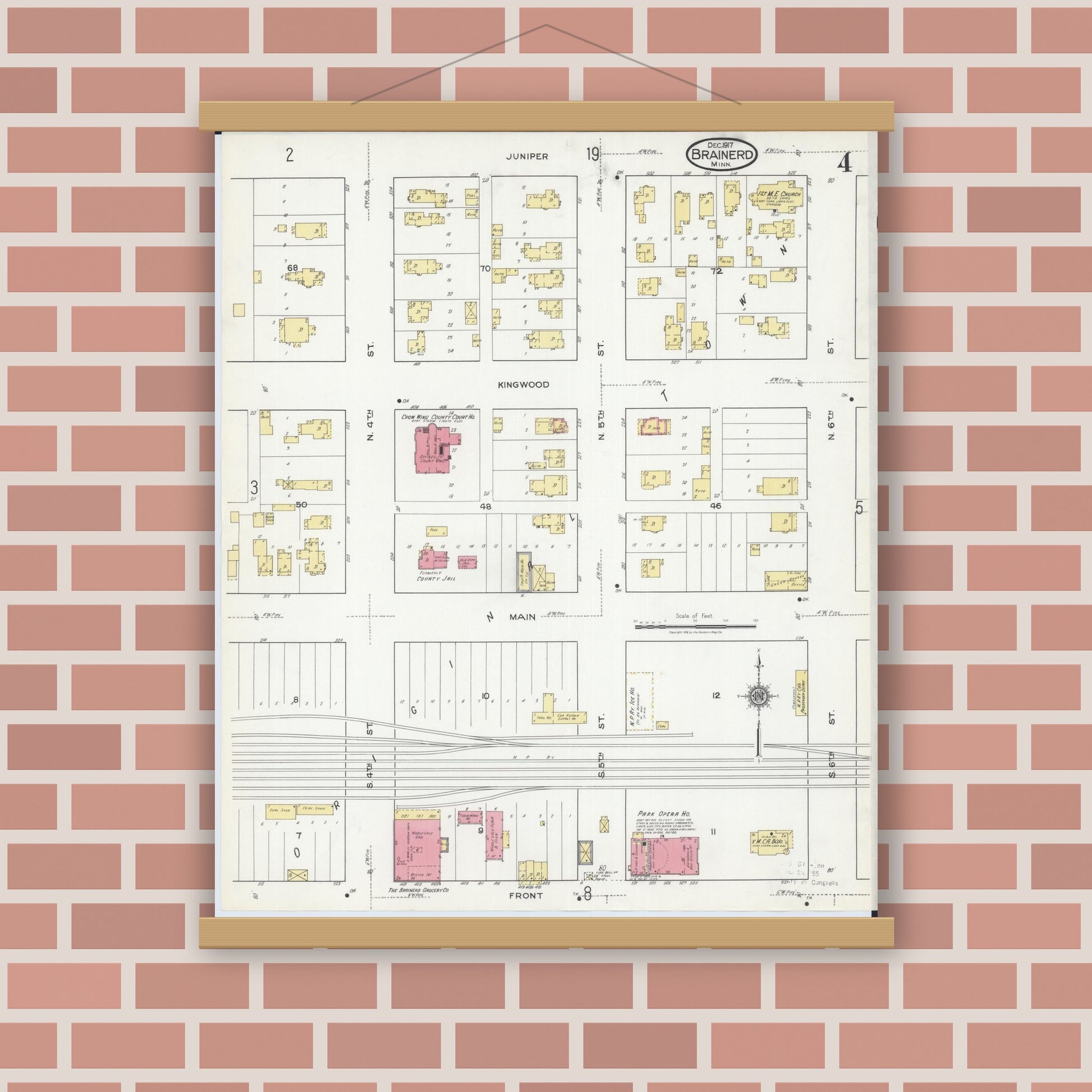 Old map wall art mockup — magnetic wood frame on brick wall — Sanborn Fire Insurance Map from Brainerd, Crow Wing County, Minnesota (1917), Sheet #0004