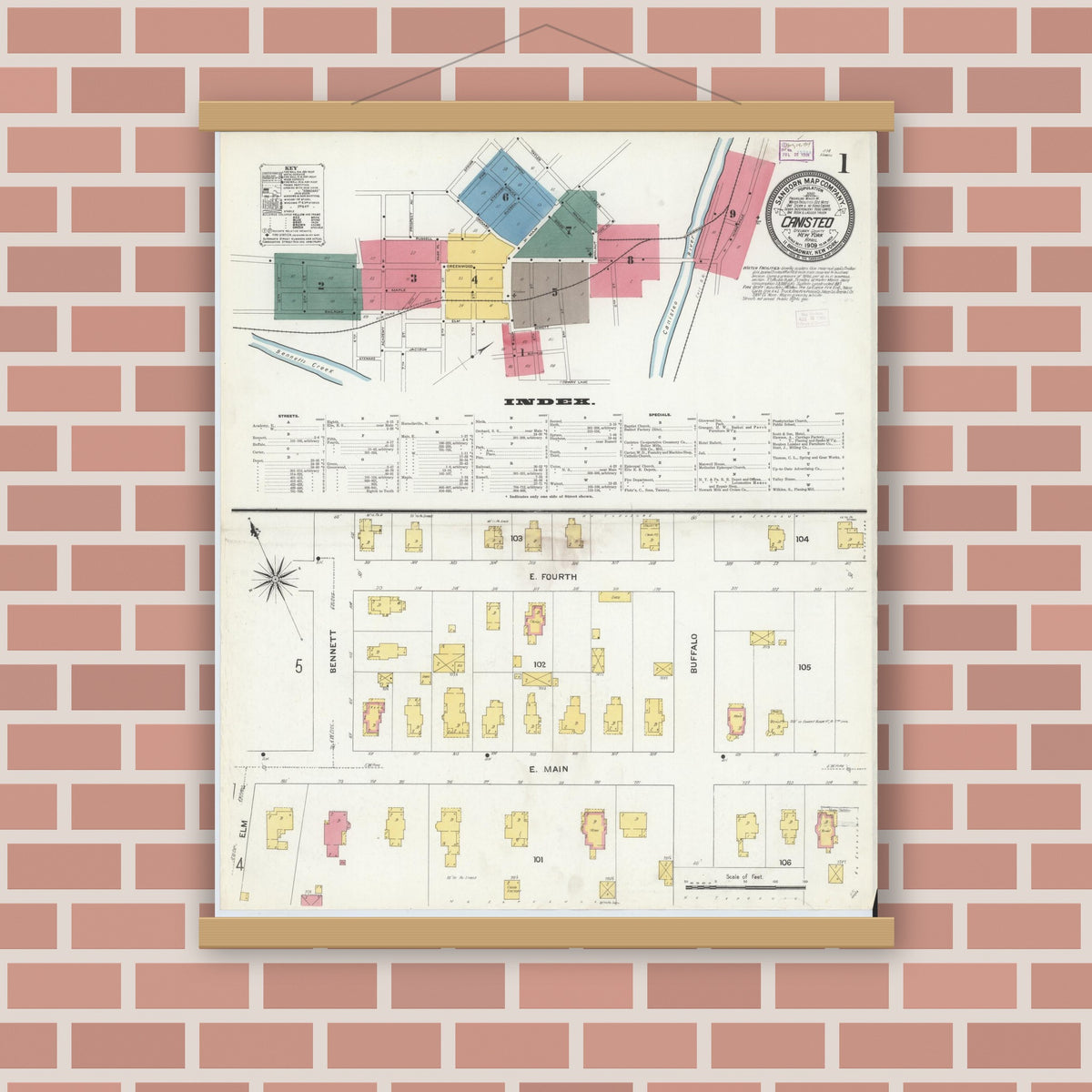 Old map wall art mockup — magnetic wood frame on brick wall — Sanborn Fire Insurance Map from Canisteo, Steuben County, New York (1909) - Complete Map Set