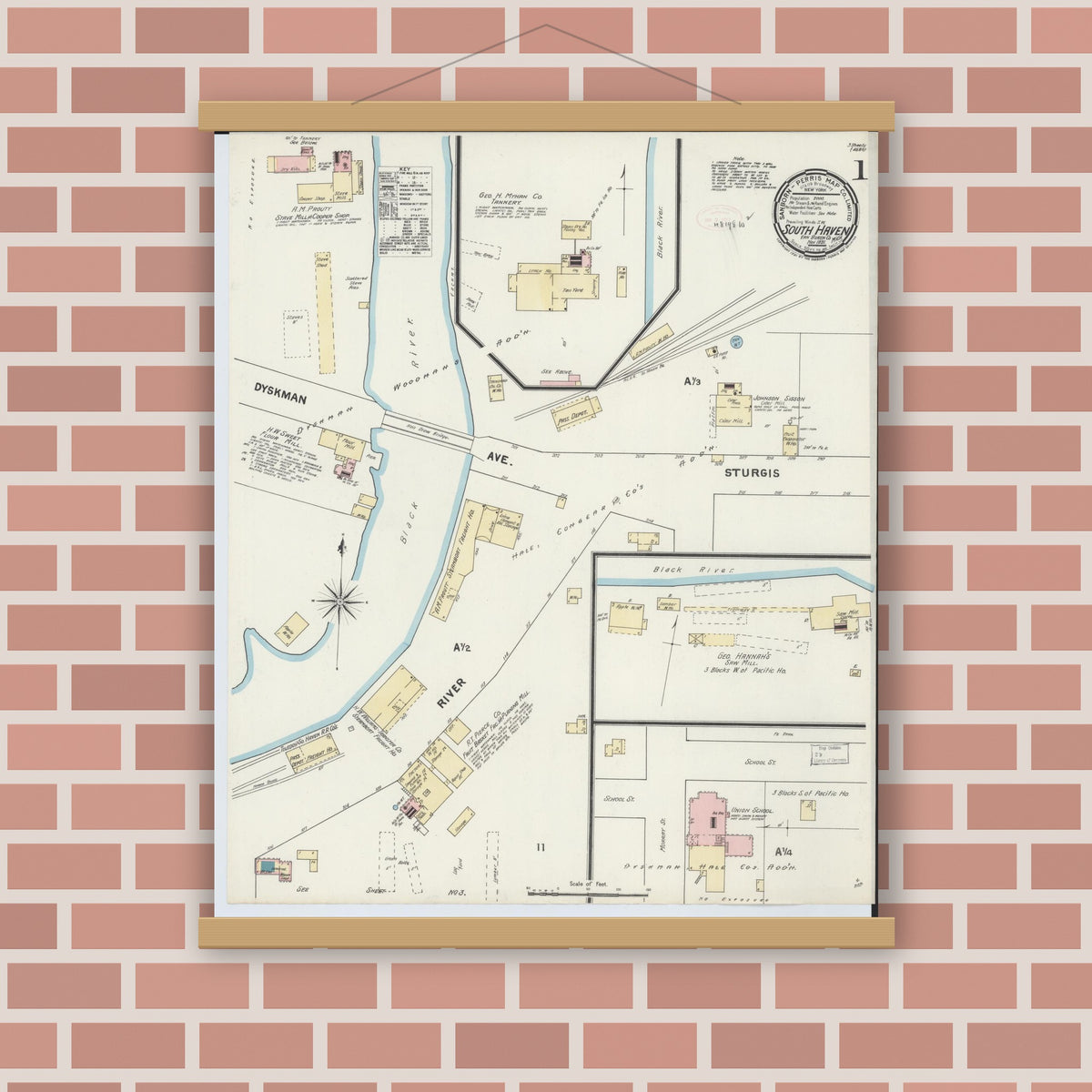Old map wall art mockup — magnetic wood frame on brick wall — Sanborn Fire Insurance Map from South Haven, Van Buren County, Michigan (1891), Sheet #0001