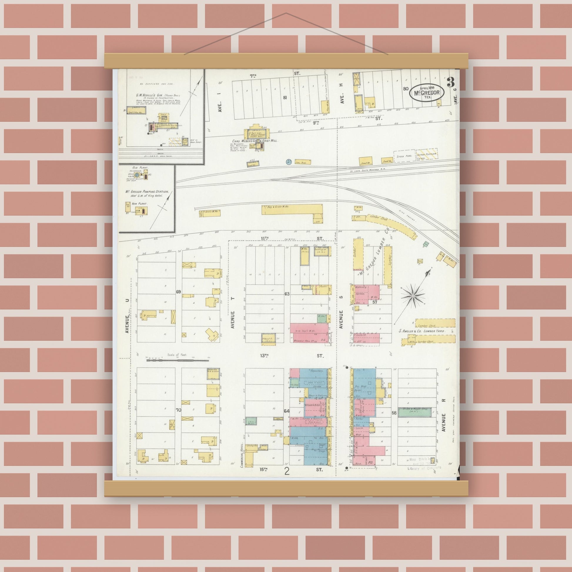 Old map wall art mockup — magnetic wood frame on brick wall — Sanborn Fire Insurance Map from McGregor, McLennan County, Texas (1899), Sheet #0003