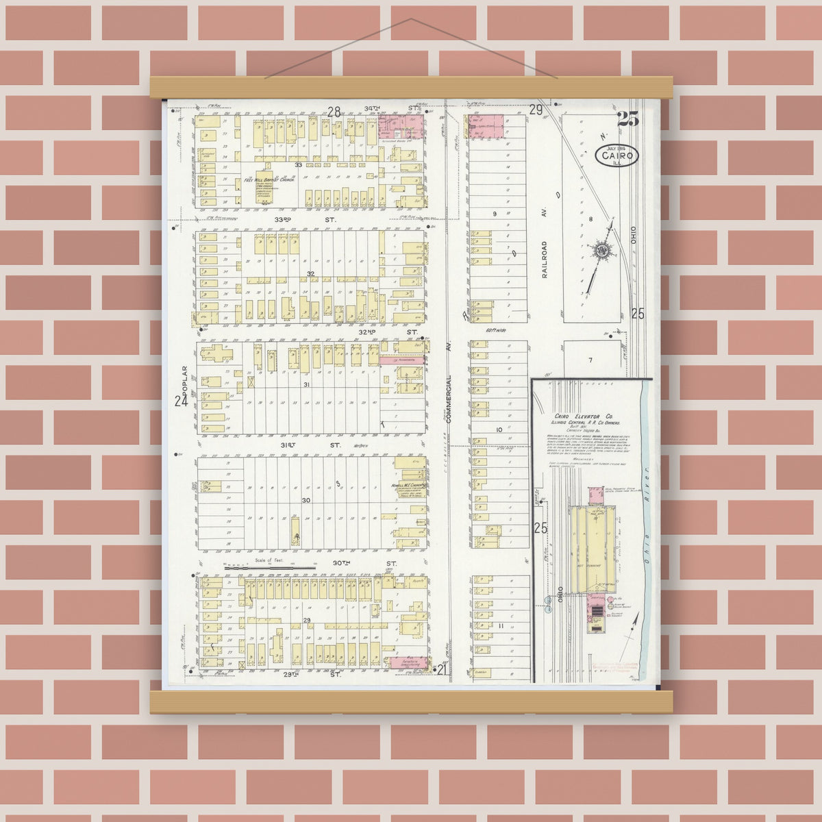 Old map wall art mockup — magnetic wood frame on brick wall — Sanborn Fire Insurance Map from Cairo, Alexander County, Illinois (1914), Sheet #0025