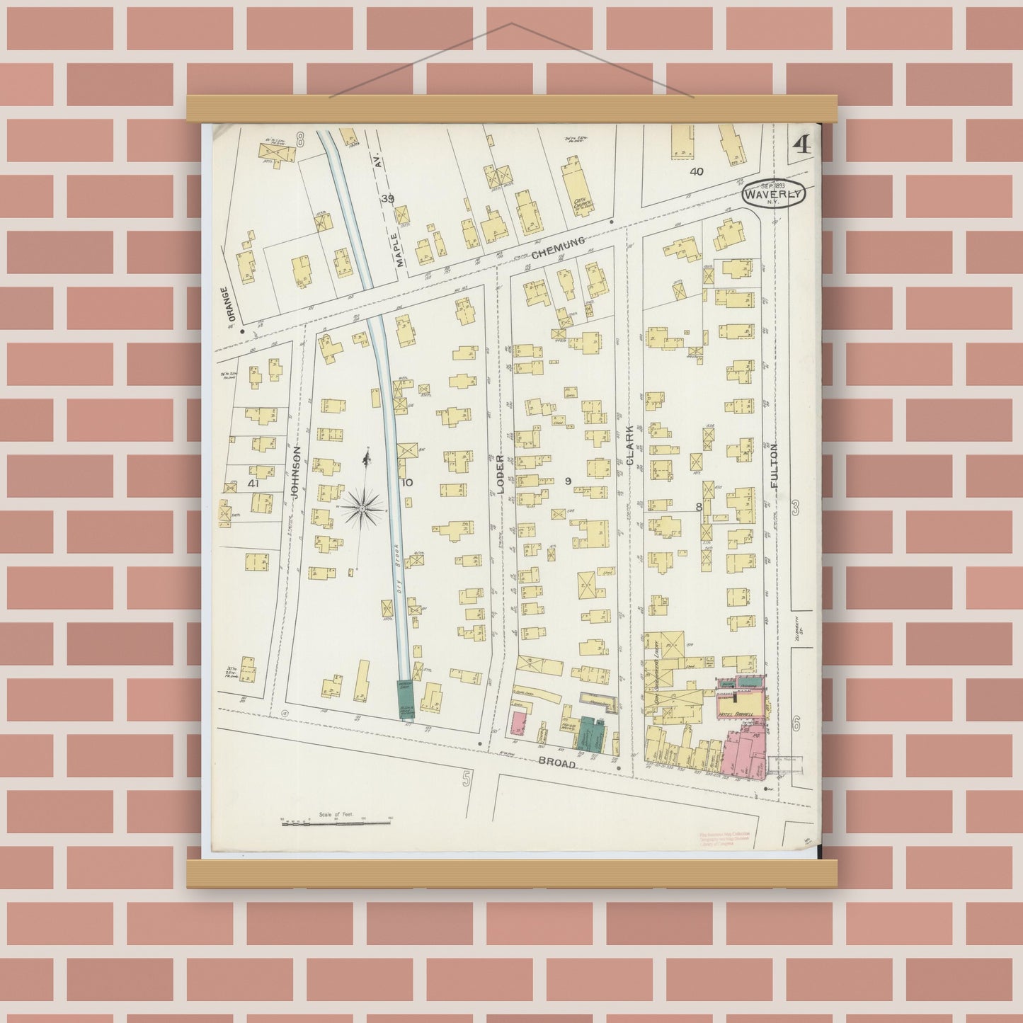 Old map wall art mockup — magnetic wood frame on brick wall — Sanborn Fire Insurance Map from Waverly, Tioga County, New York (1893), Sheet #0004