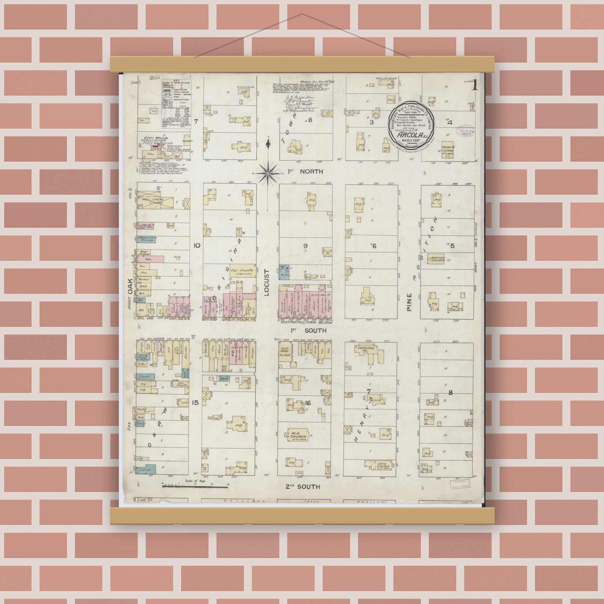 Old map wall art mockup — magnetic wood frame on brick wall — Sanborn Fire Insurance Map from Arcola, Douglas County, Illinois (1887) - Complete Map Set