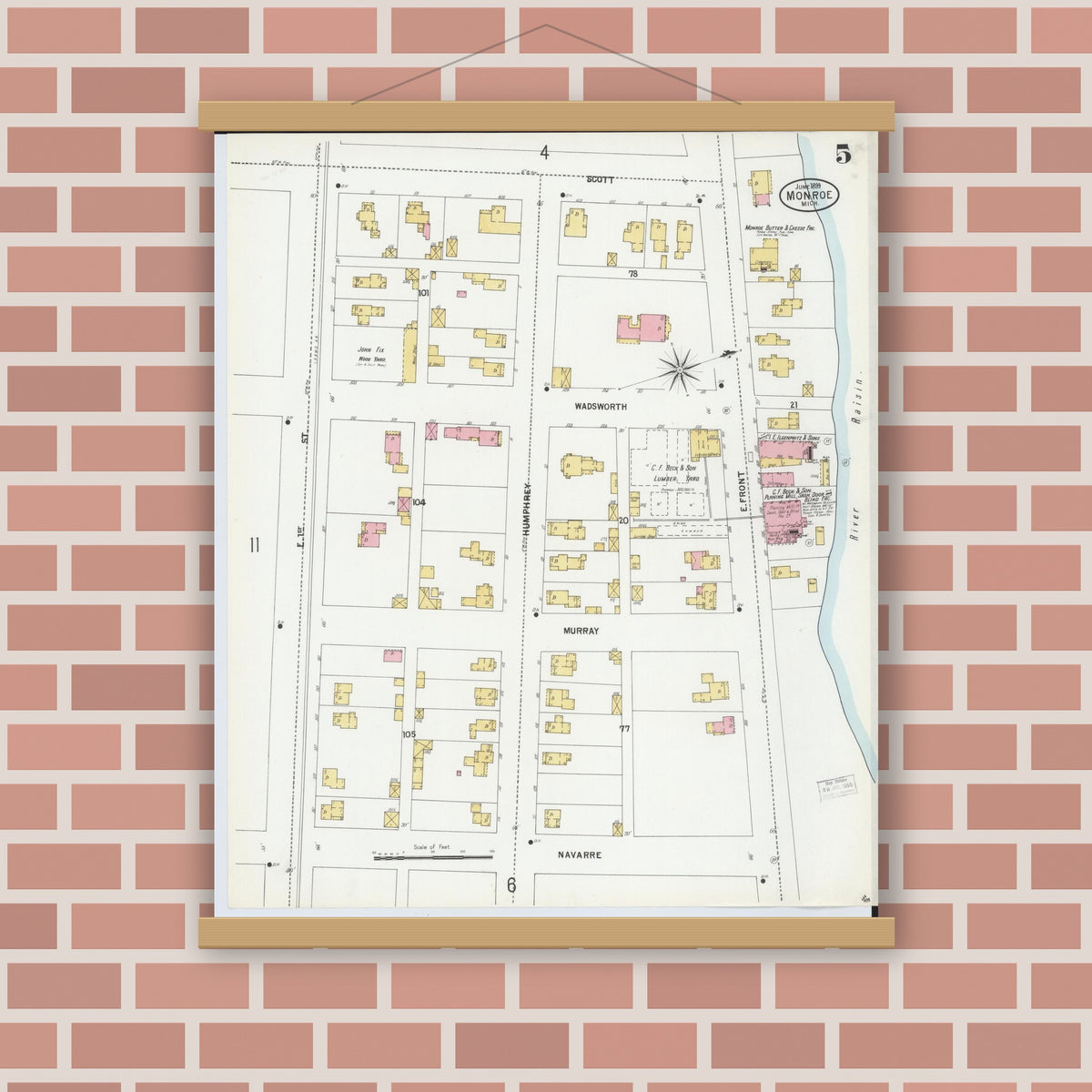 Old map wall art mockup — magnetic wood frame on brick wall — Sanborn Fire Insurance Map from Monroe, Monroe County, Michigan (1899), Sheet #0005