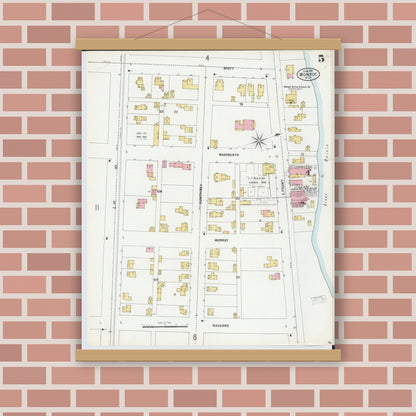 Old map wall art mockup — magnetic wood frame on brick wall — Sanborn Fire Insurance Map from Monroe, Monroe County, Michigan (1899), Sheet #0005