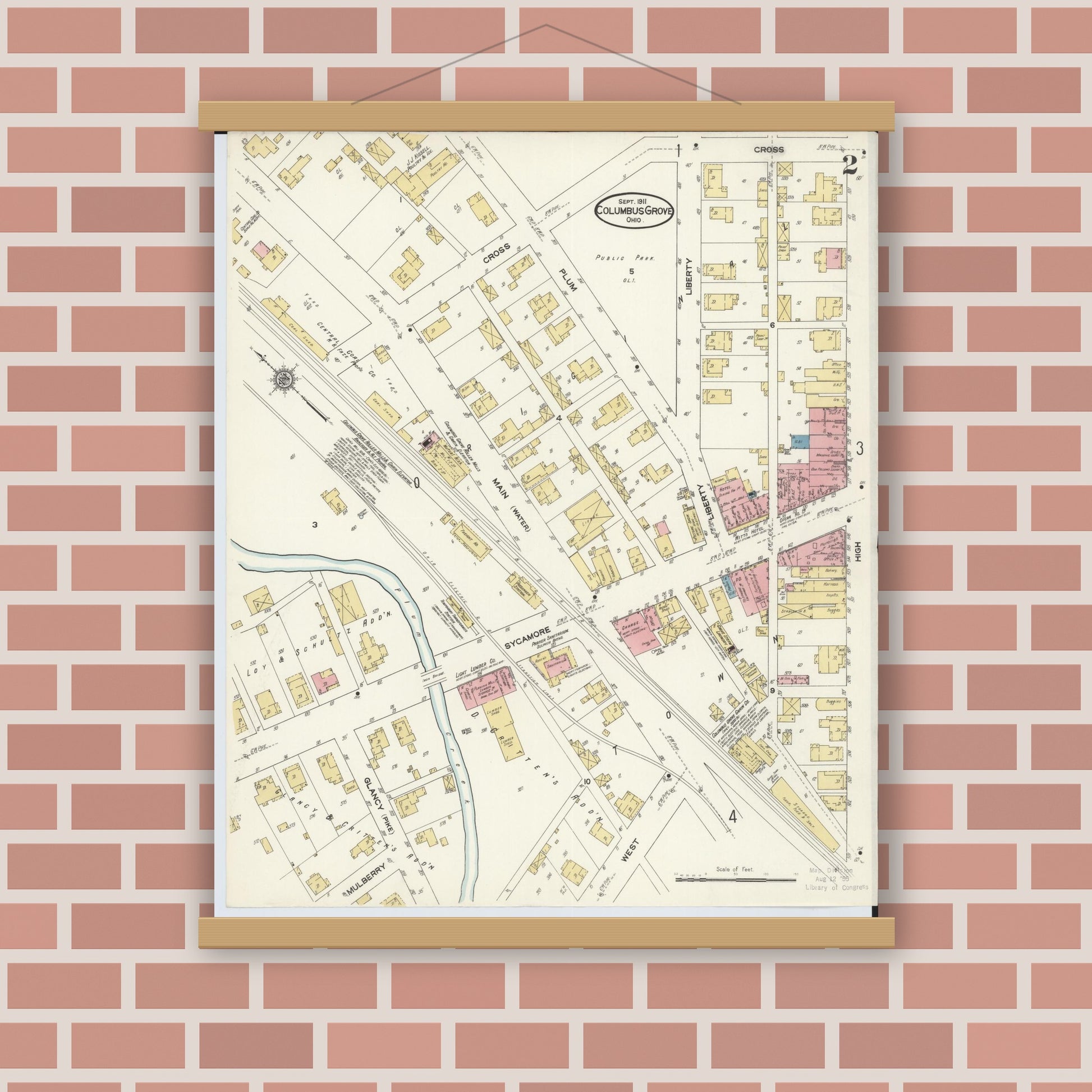 Old map wall art mockup — magnetic wood frame on brick wall — Sanborn Fire Insurance Map from Columbus Grove, Putnam County, Ohio (1911), Sheet #0002