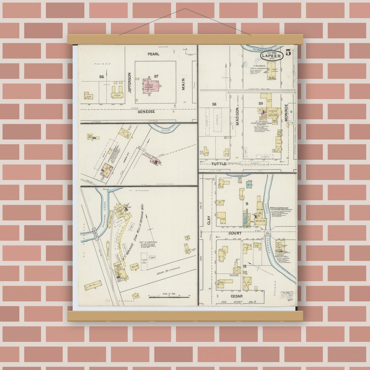Old map wall art mockup — magnetic wood frame on brick wall — Sanborn Fire Insurance Map from Lapeer, Lapeer County, Michigan (1888), Sheet #0005