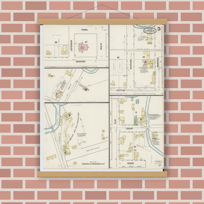 Old map wall art mockup — magnetic wood frame on brick wall — Sanborn Fire Insurance Map from Lapeer, Lapeer County, Michigan (1888), Sheet #0005