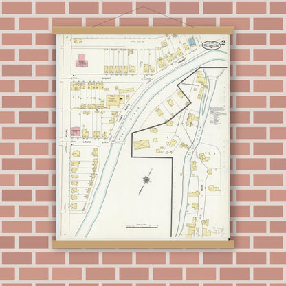 Old map wall art mockup — magnetic wood frame on brick wall — Sanborn Fire Insurance Map from Reedsville, Mifflin County, Pennsylvania (1910), Sheet #0002