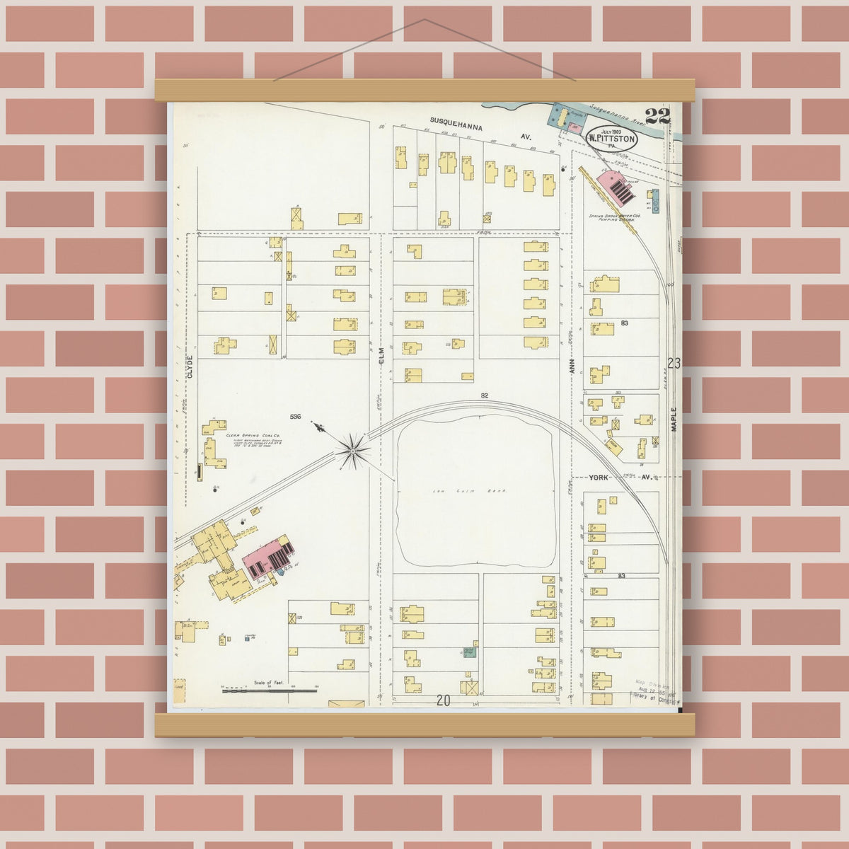 Old map wall art mockup — magnetic wood frame on brick wall — Sanborn Fire Insurance Map from Pittston, Luzerne County, Pennsylvania (1903), Sheet #0022