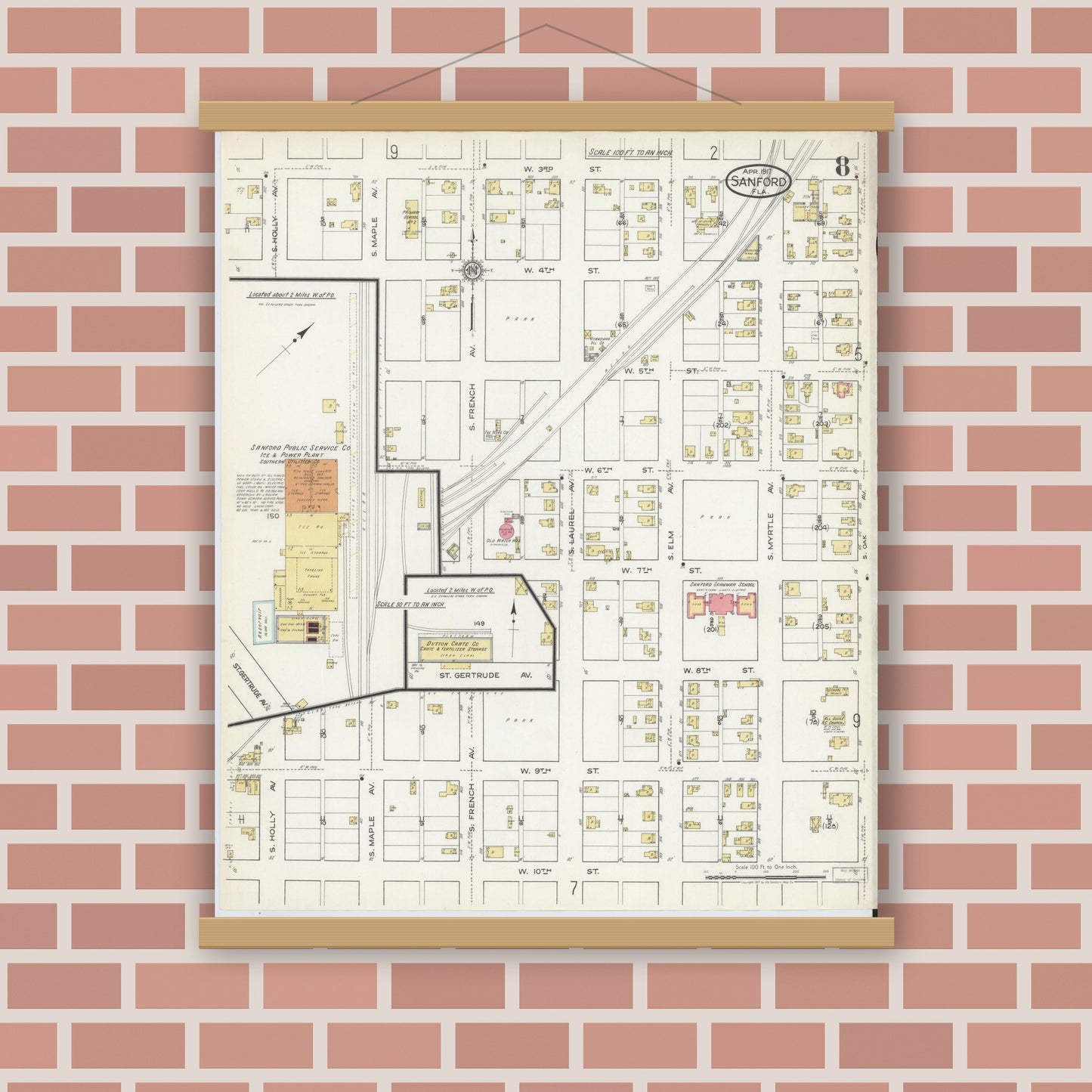 Old map wall art mockup — magnetic wood frame on brick wall — Sanborn Fire Insurance Map from Sanford, Seminole County, Florida (1917), Sheet #0008