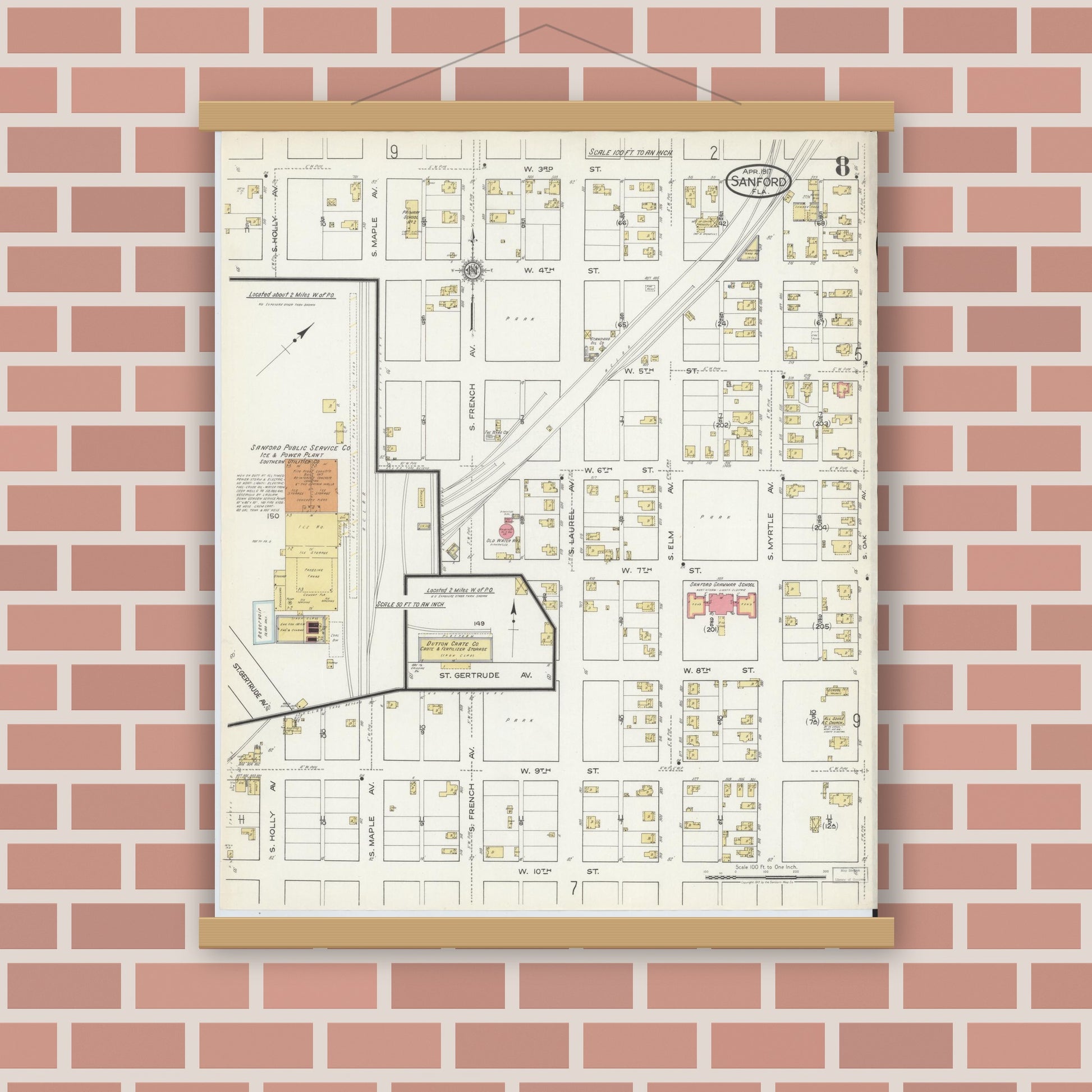 Old map wall art mockup — magnetic wood frame on brick wall — Sanborn Fire Insurance Map from Sanford, Seminole County, Florida (1917), Sheet #0008