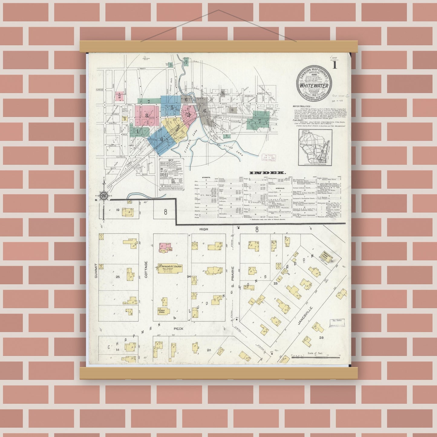 Old map wall art mockup — magnetic wood frame on brick wall — Sanborn Fire Insurance Map from Whitewater, Walworth County, Wisconsin (1912), Sheet #0001