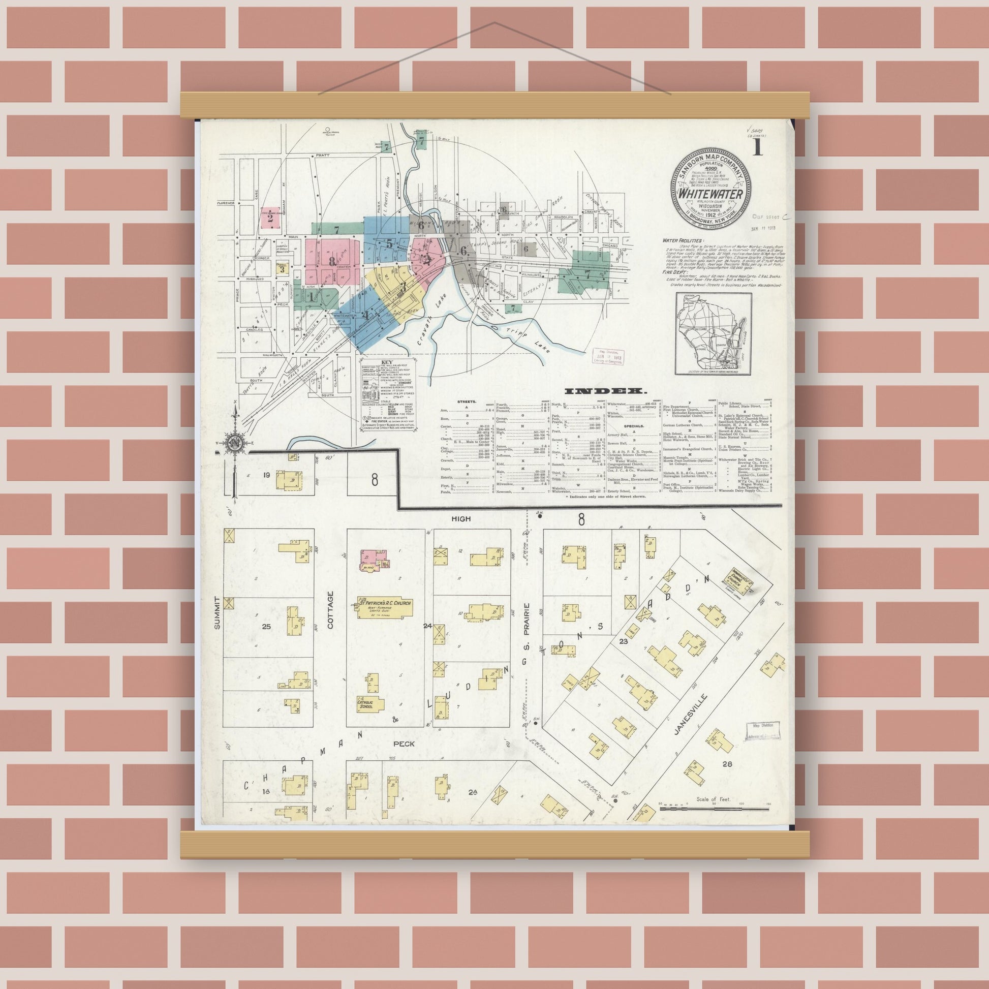 Old map wall art mockup — magnetic wood frame on brick wall — Sanborn Fire Insurance Map from Whitewater, Walworth County, Wisconsin (1912), Sheet #0001