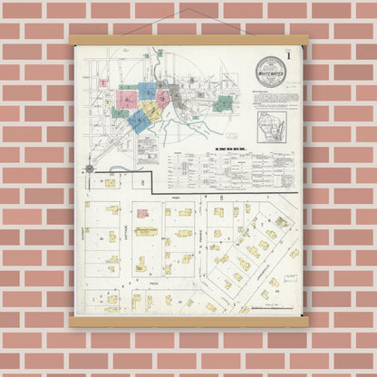 Old map wall art mockup — magnetic wood frame on brick wall — Sanborn Fire Insurance Map from Whitewater, Walworth County, Wisconsin (1912), Sheet #0001