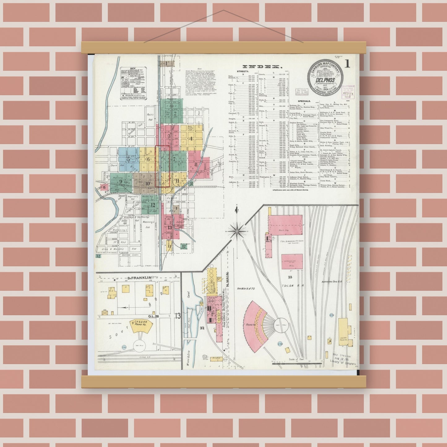 Old map wall art mockup — magnetic wood frame on brick wall — Sanborn Fire Insurance Map from Delphos, Van Wert And Allen Counties, Ohio (1904) - Complete Map Set