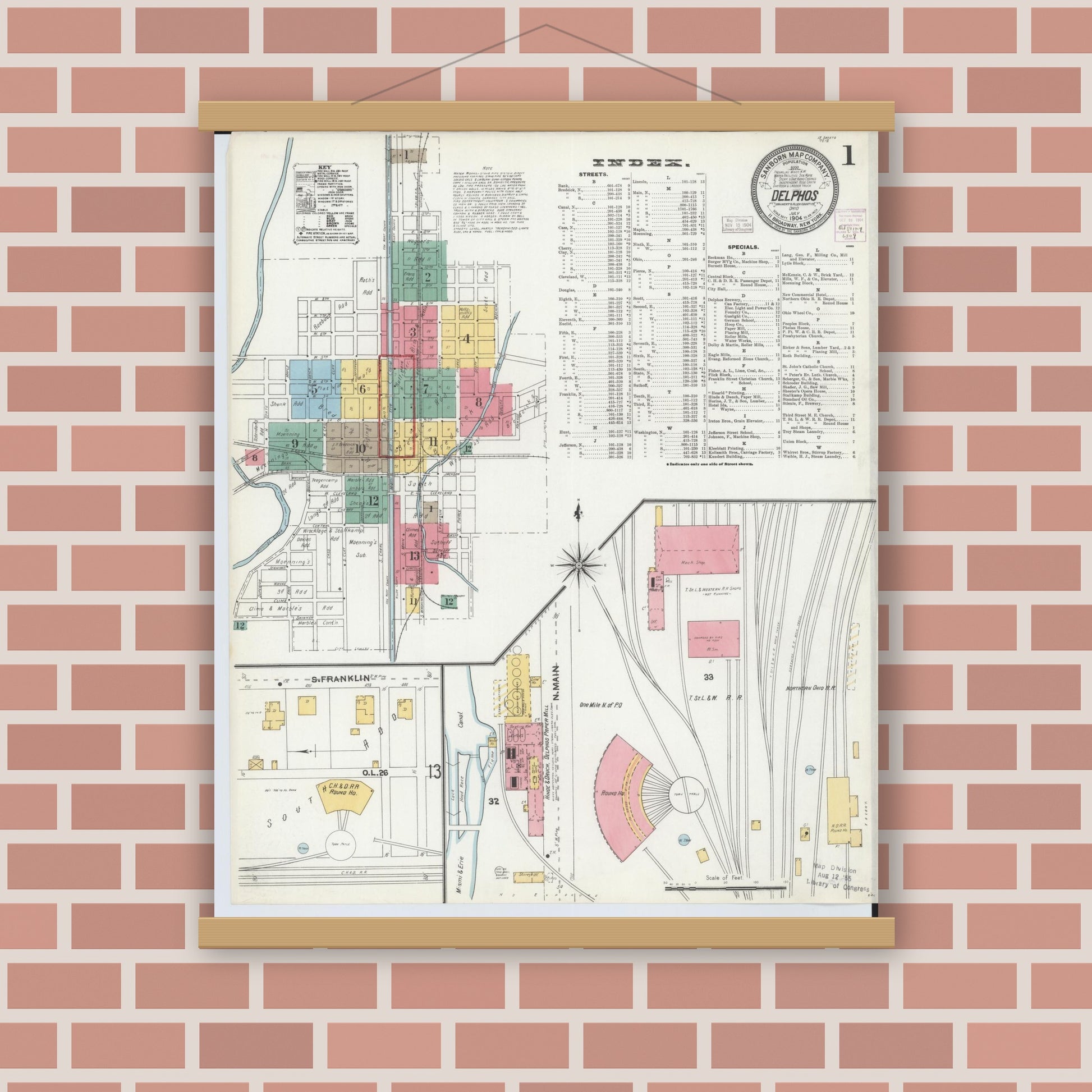 Old map wall art mockup — magnetic wood frame on brick wall — Sanborn Fire Insurance Map from Delphos, Van Wert And Allen Counties, Ohio (1904) - Complete Map Set