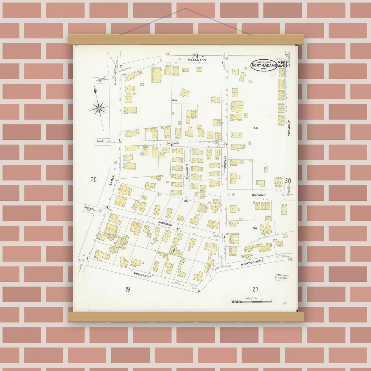 Old map wall art mockup — magnetic wood frame on brick wall — Sanborn Fire Insurance Map from North Adams, Berkshire County, Massachusetts (1908), Sheet #0028