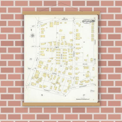 Old map wall art mockup — magnetic wood frame on brick wall — Sanborn Fire Insurance Map from North Adams, Berkshire County, Massachusetts (1908), Sheet #0028