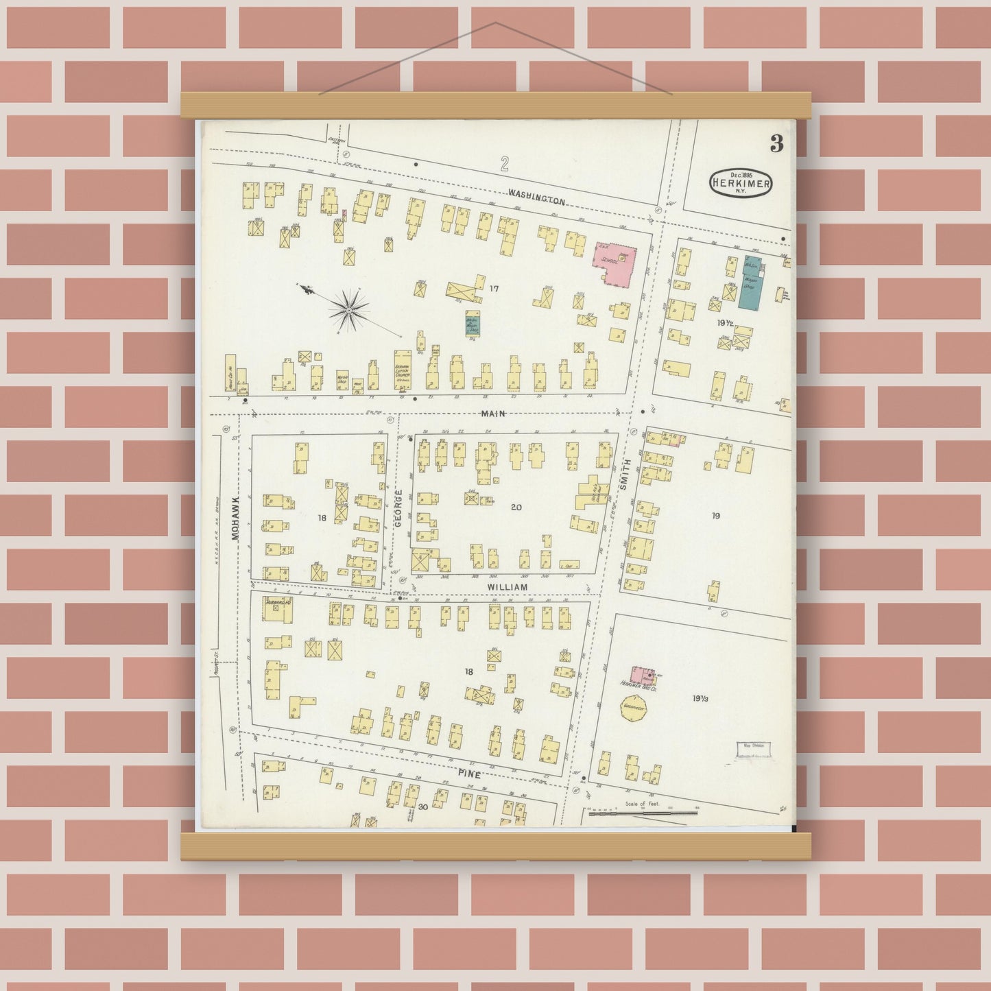 Old map wall art mockup — magnetic wood frame on brick wall — Sanborn Fire Insurance Map from Herkimer, Herkimer County, New York (1895), Sheet #0003