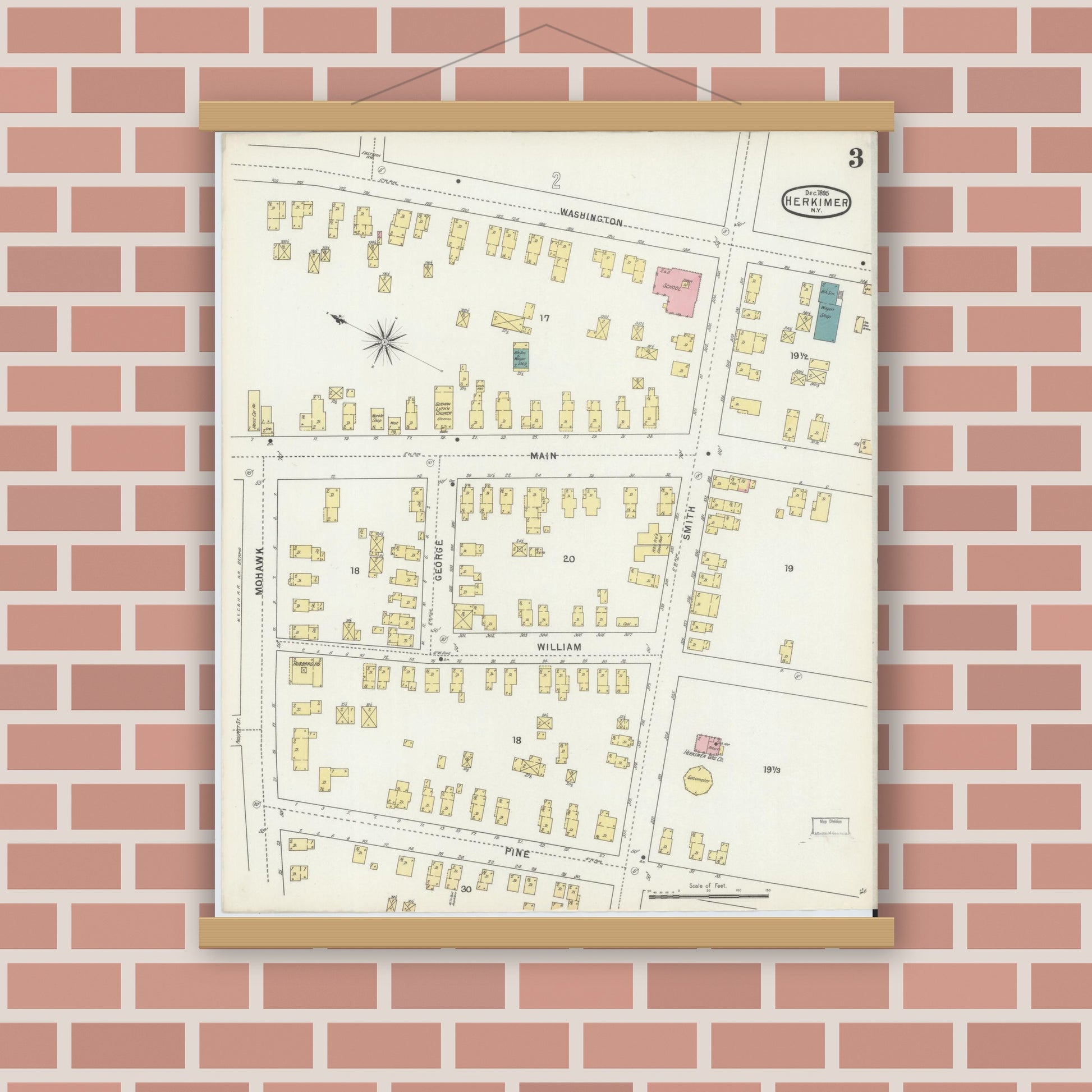 Old map wall art mockup — magnetic wood frame on brick wall — Sanborn Fire Insurance Map from Herkimer, Herkimer County, New York (1895), Sheet #0003