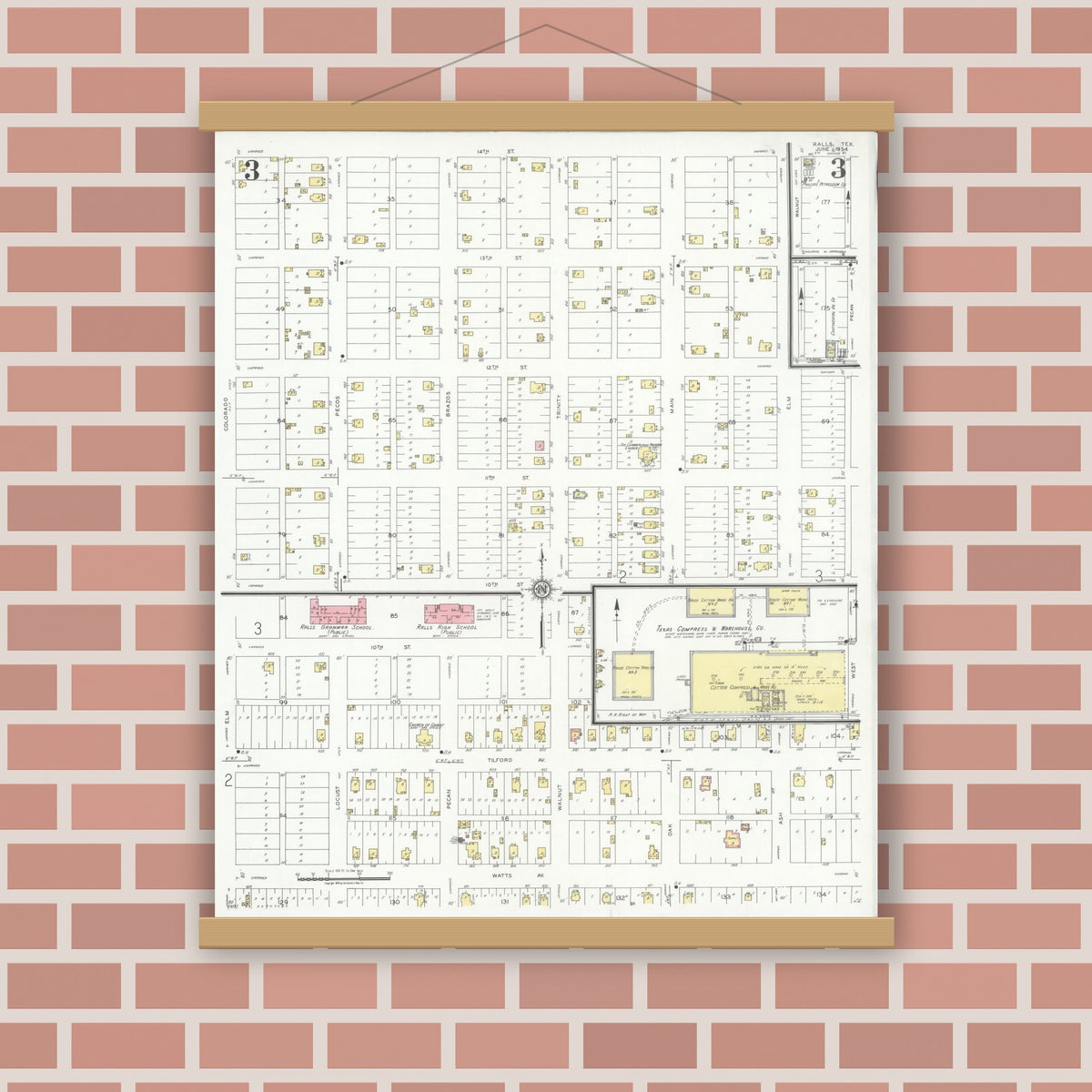 Old map wall art mockup — magnetic wood frame on brick wall — Sanborn Fire Insurance Map from Ralls, Crosby County, Texas (1934), Sheet #0003