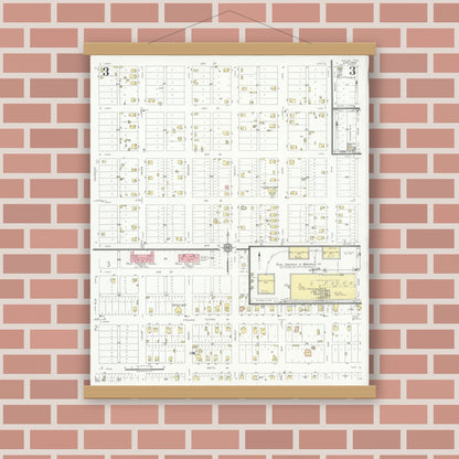 Old map wall art mockup — magnetic wood frame on brick wall — Sanborn Fire Insurance Map from Ralls, Crosby County, Texas (1934), Sheet #0003