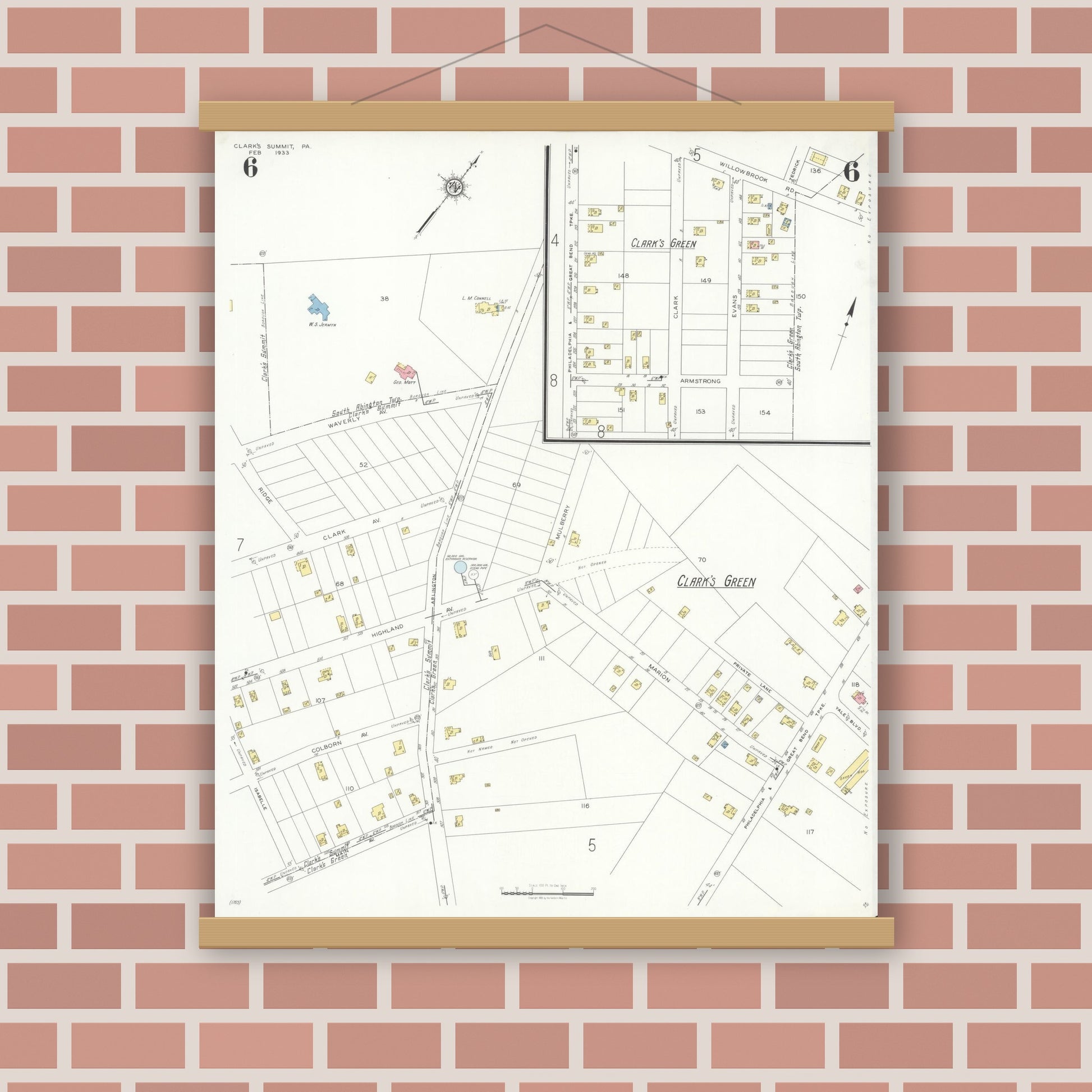 Old map wall art mockup — magnetic wood frame on brick wall — Sanborn Fire Insurance Map from Clark's Summit, Lackawanna County, Pennsylvania (1933), Sheet #0006