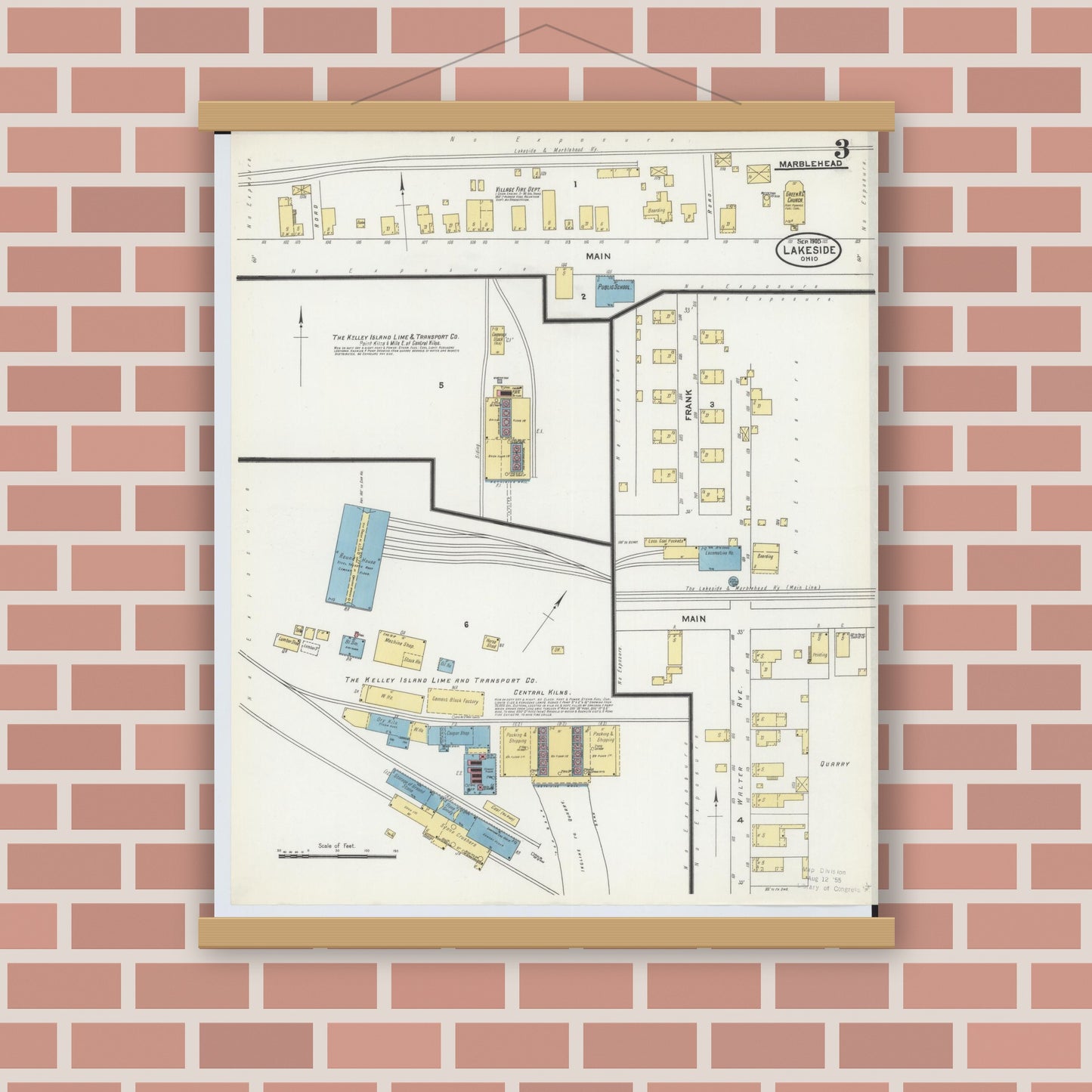 Old map wall art mockup — magnetic wood frame on brick wall — Sanborn Fire Insurance Map from Lakeside, Ottawa County, Ohio (1905), Sheet #0003