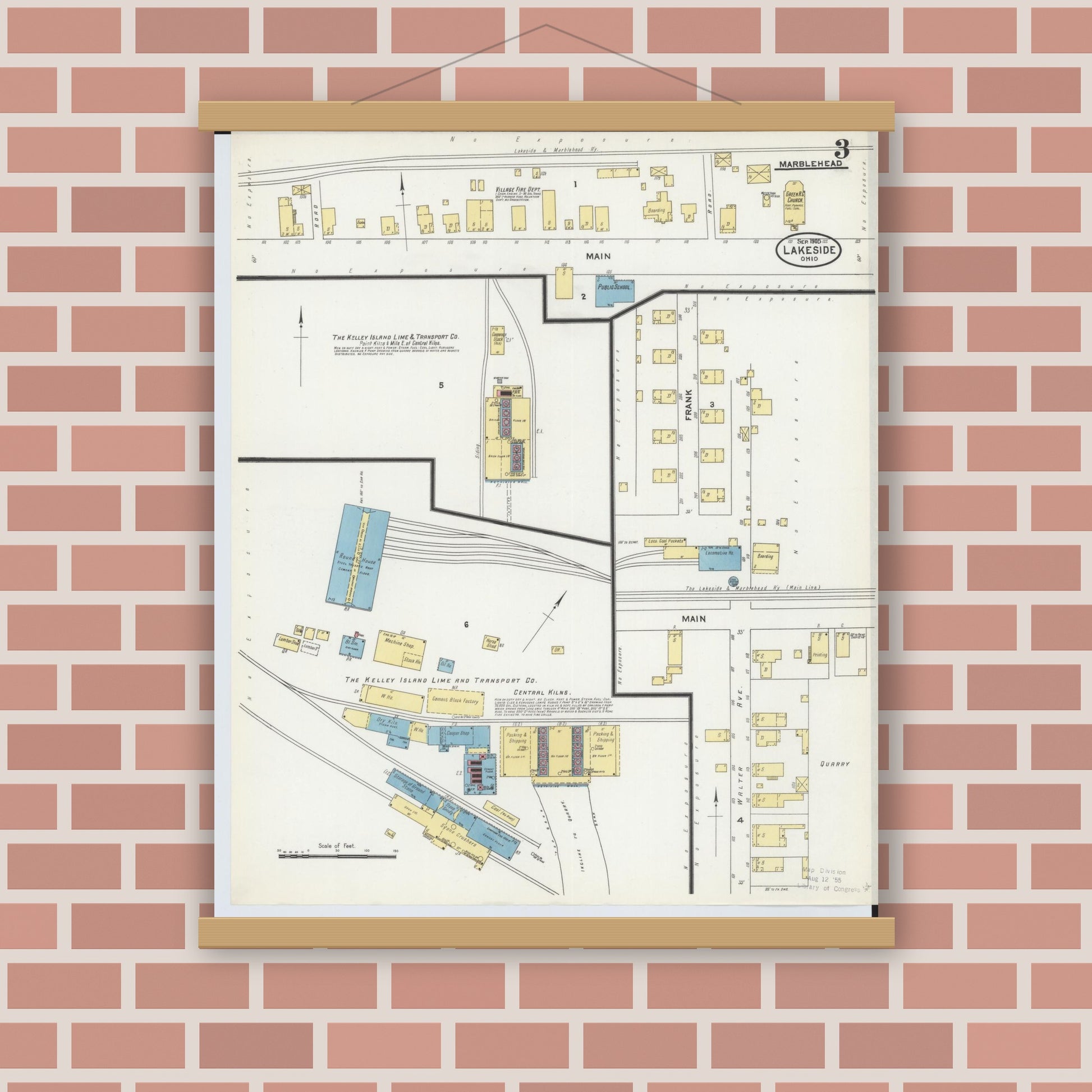 Old map wall art mockup — magnetic wood frame on brick wall — Sanborn Fire Insurance Map from Lakeside, Ottawa County, Ohio (1905), Sheet #0003