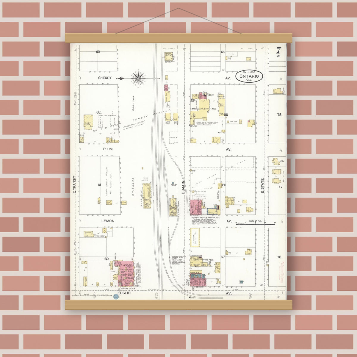 Old map wall art mockup — magnetic wood frame on brick wall — Sanborn Fire Insurance Map from Ontario, San Bernardino County, California (1895), Sheet #0007
