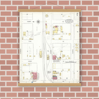 Old map wall art mockup — magnetic wood frame on brick wall — Sanborn Fire Insurance Map from Ontario, San Bernardino County, California (1895), Sheet #0007
