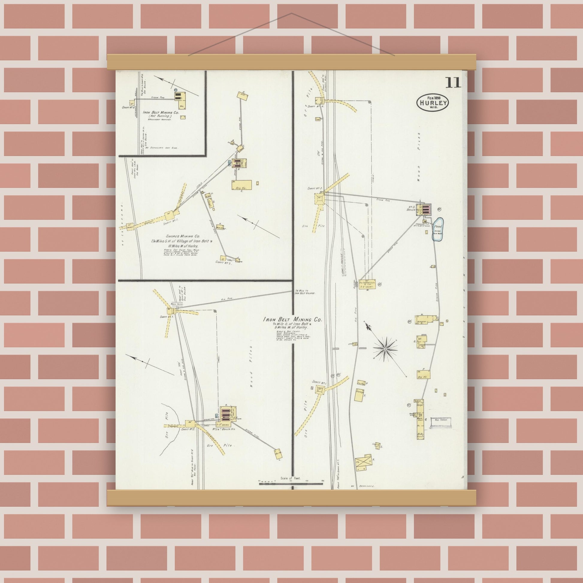 Old map wall art mockup — magnetic wood frame on brick wall — Sanborn Fire Insurance Map from Hurley, Iron County, Wisconsin (1898), Sheet #0011