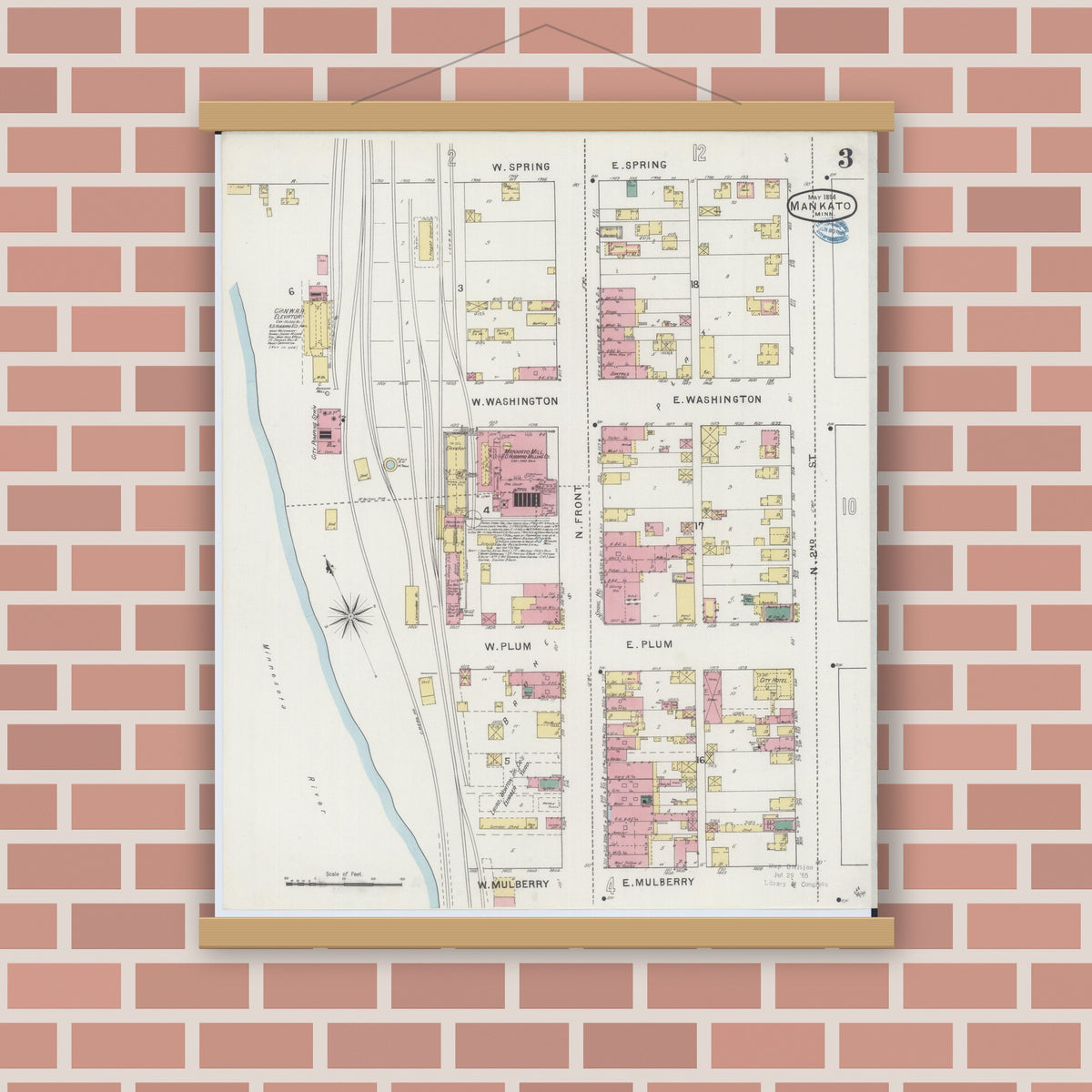 Old map wall art mockup — magnetic wood frame on brick wall — Sanborn Fire Insurance Map from Mankato, Blue Earth County, Minnesota (1894), Sheet #0003
